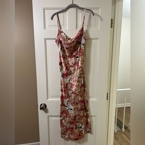 Floral silk midi dress with slit